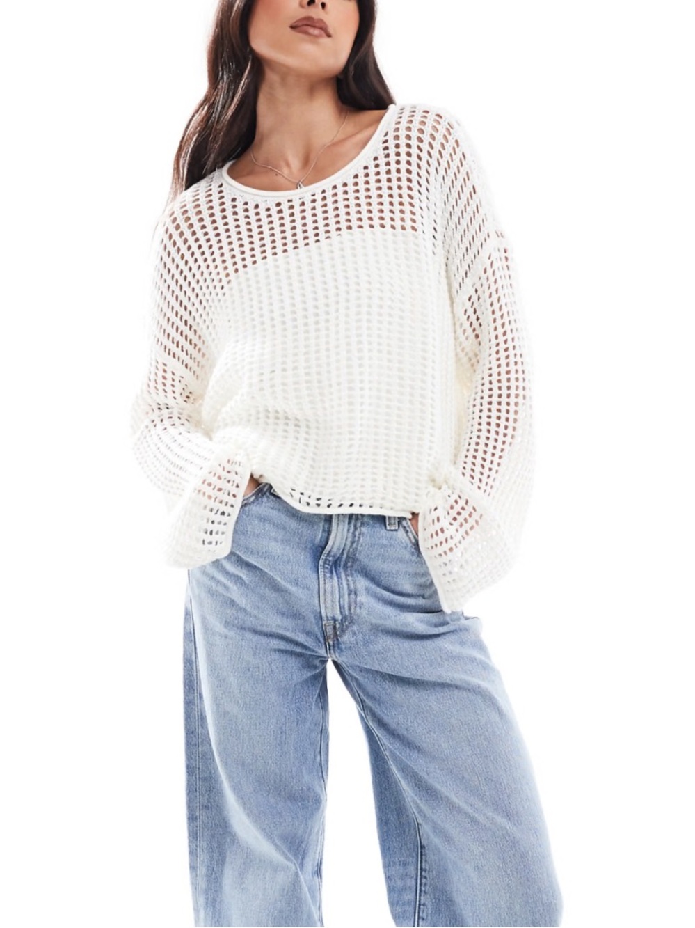 Vans Mika Open-Knit Crop Crew Sweater in White